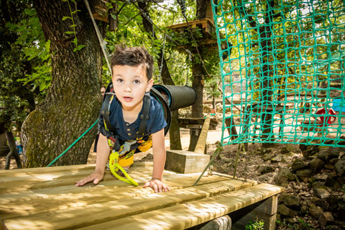 Un enfant sur une plateforme accrobranche